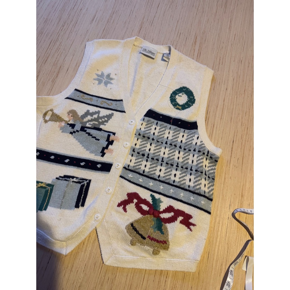 The Villager Liz Claiborne Vintage Christmas Sweater Vest Angel Bells White L 44